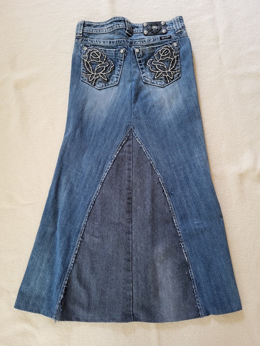 Upcycled Miss Me Jean Maxi Skirt Women's Size 28 Black Rose Rhinestone